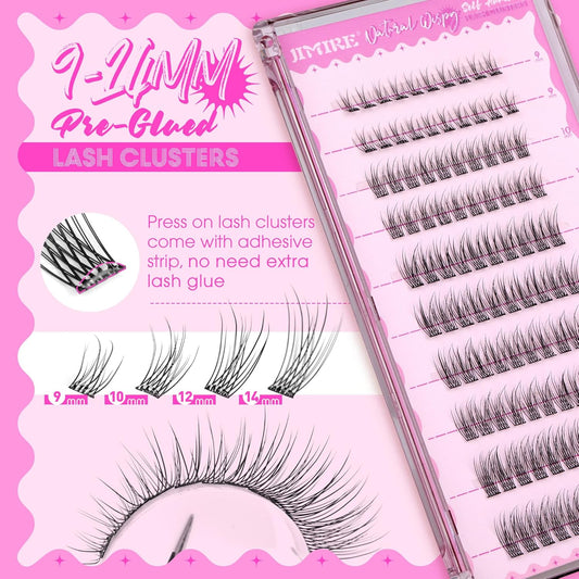 JIMIRE Self Adhesive Eyelashes Natural Look 9-14MM Wispy Pre Glued Lash Clusters No Glue Needed Press on Lashes Clusters Reusable Self Adhesive Eyelash Clusters Easy to Apply
