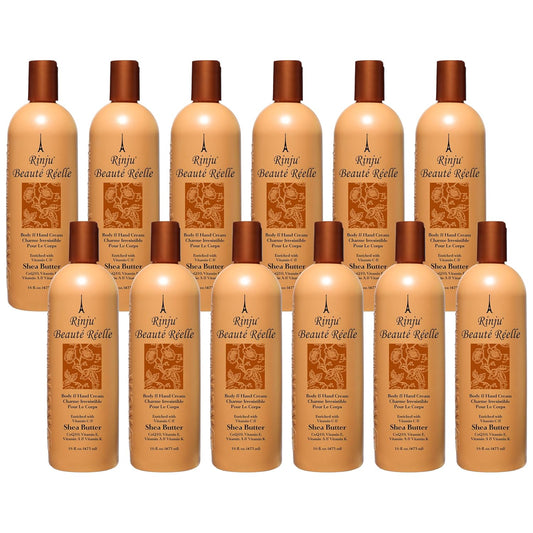 Rinju Beaute Relle Body and Hand Cream 16 oz. (Case of 12) - Shea Butter Cream for Dry Skin - Vitamin E, A & K Moisturizer