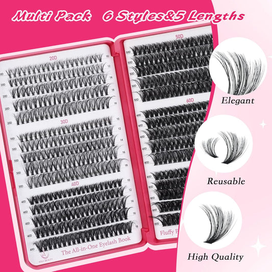 Lash Clusters 600PCS - Eyelash Clusters 20D+30D+40D+50D+60D+80D Wispy Individual Lashes D Curl Lash Extension 10-18MM Natural Lash Clusters DIY Cluster Eyelash Extensions for Beginners
